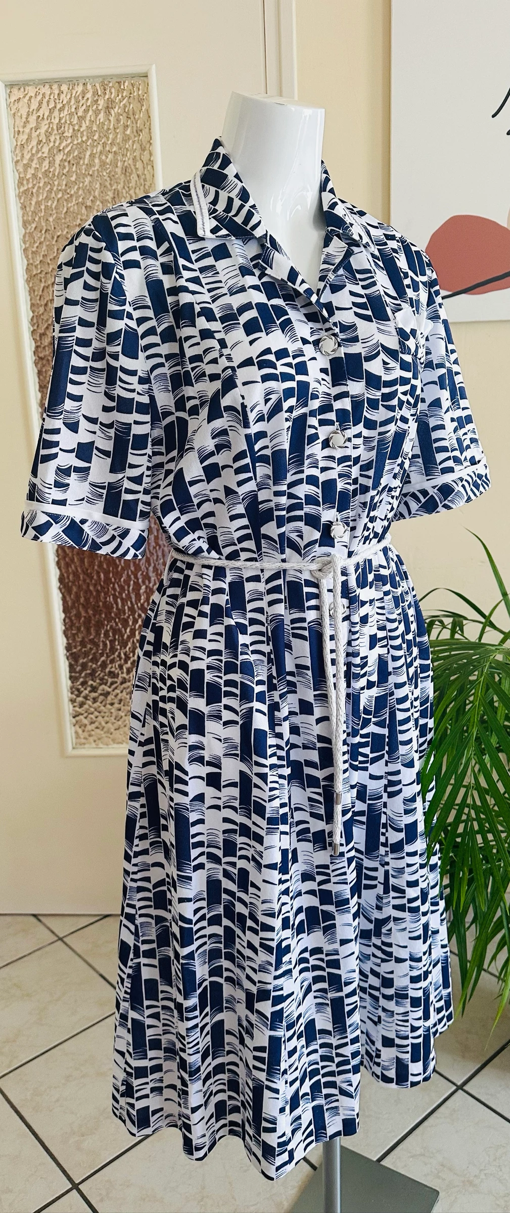 Vintage gebreide jurk marineblauw en wit maat 48/50 – Perfecte staat – photo 12